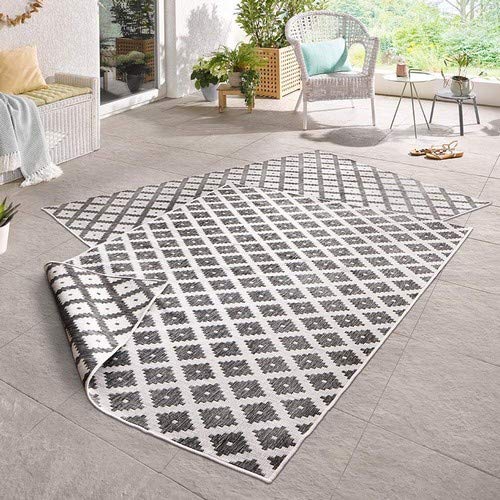 NORTHRUGS In- und Outdoor Teppich Nizza 160x230cm - Wendeteppich Wetterfest Modernes Geometrisches Muster für Balkon Terrasse Garten Wintergarten Küche Wohnzimmerteppich Wasserfest in Grau Creme von NORTHRUGS