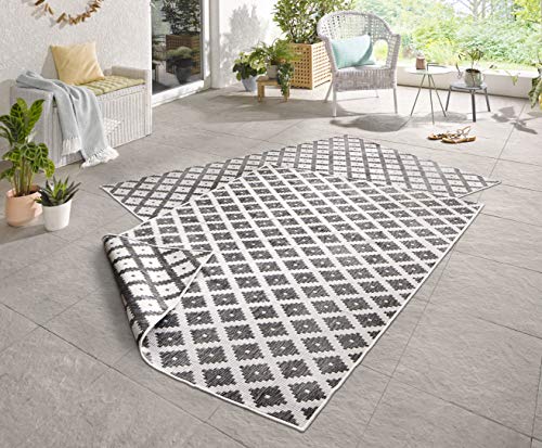 NORTHRUGS In- und Outdoor Teppich Nizza 80x150cm - Wendeteppich Wetterfest Modernes Geometrisches Muster Läufer für Balkon Terrasse Garten Wintergarten Wohnzimmerteppich Wasserfest in Grau Creme von NORTHRUGS