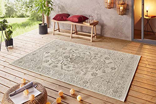 NORTHRUGS In- und Outdoor Teppich 80x150cm - Wetterfest Vintage Muster Orientalisches-Design Läufer Terrassenteppich Balkonteppich Küchenläufer Badteppich Wohnzimmerteppich Wasserfest in Creme Taupe von NORTHRUGS