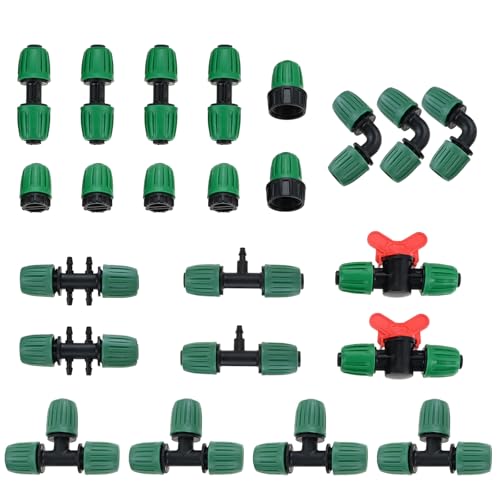 bowarepro 23 Stücke 1/2" Tropfbewässerungskit (ID 13mm/OD 16mm) für Schläuche – Inkl. 4X T-Stücke, 4X Verbinder, 3X Bögen, 4X Reduzier-T, 4X Endkappen, 2X Absperrventile, 2X Hahnadapter von bowarepro