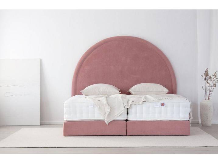 Boxspringbett MOON 140x200 cm - verschiedene Farben und Bezüge verfügbar - konfigurierbar - mit Matratze - mit rundem Kopfteil in Rahmenoptik von boxspringliebe