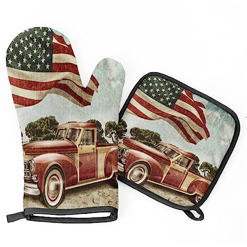 Topflappen Und Topflappen Set Von 2 4. Juli Oldtimer Mit Amerikanischer Flagge Kochhandschuhe Hitzebeständige Topfhandschuhe Wasserfeste Ofenhandschuhe Kitchen, Für Grillen, Cafe Topflappen Und Topflappen Set Von 2 4. Juli Oldtimer Mit Amerikanischer Flagge Kochhandschuhe Hitzebeständige Topfhandschuhe Wasserfeste Ofenhandschuhe Kitchen, Für Grillen, Cafe von bozhoushimatingbaihuoyouxiangongsi