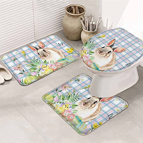 3 Teiliges Badteppich Set Tulpen-Blumen-Ostern-Kaninchen-Eier-Küken-Weißes Gänseblümchen-Blumen-Plaid Wasserabsorbierend Contour Badteppich Waschbar Wc-Deckelbezug Badvorleger von bozhoushimotangbaihuoyouxiangongsi