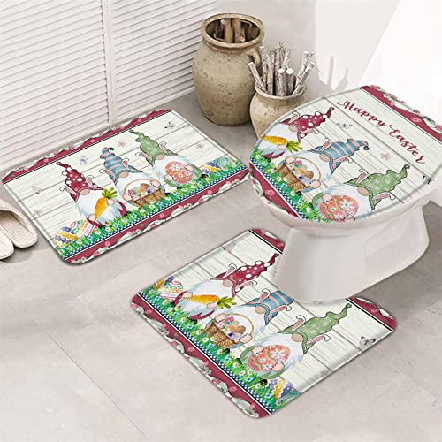 Badematten Set 3 Teilig Ostern-Karotten-Osterkorb-Eier-Zwerge-Frühlings-Blumen-Grünes Gras Wasserabsorbierend Kontur Badteppich Weiche Toilettensitzbezug Badvorleger von bozhoushimotangbaihuoyouxiangongsi