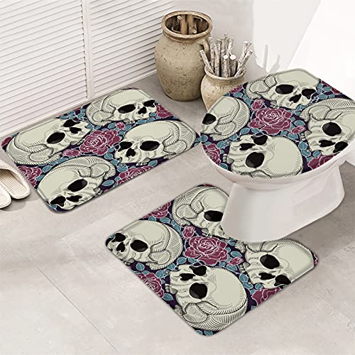 Badematten Set 3 Teilig Totenkopf-Kopf- Und Blumenmuster Langlebige Contour Badteppich Wasserabsorbierend Wc-Sitzbezug Badematte von bozhoushimotangbaihuoyouxiangongsi