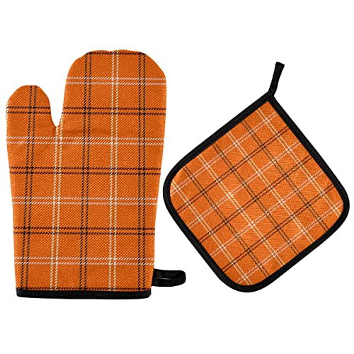 Ofenhandschuhe Topflappen Set Orange Kariertes Modernes Orange Grillhandschuhe Wasserfeste Ofenhandschuhe Kitchen Topfhandschuhe, Für Backen, Küche, Grillen von bozhoushisuhangbaihuoyouxiangongsi