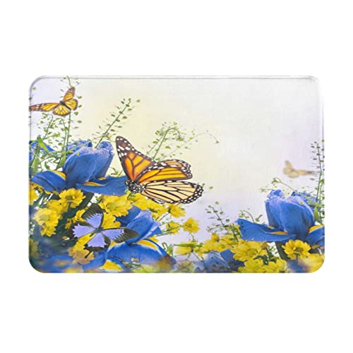 Fussmatte 40x60cm, Schmetterlings Blaue Gelbe Blumen Gänseblümchen Bunter Frühling Innenmatte Personalisierte Eingang Badezimmer Matte Langlebig Garten Flacher Fußabtreter von bozhoushizhenweibaihuoyouxiangongsi