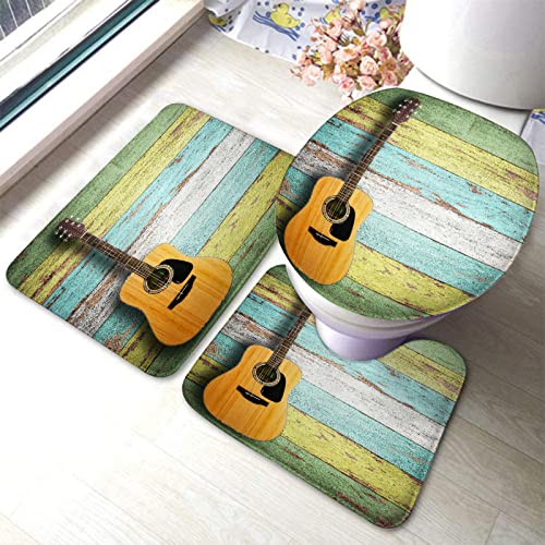 Set 3 Teilig Badvorleger Gitarre Auf Holzhintergrund Badematte 3-TLG Dekorative rutschfeste Fußmatte Set, Für Wohnzimmer, Wc-Sitz Bezug von bozhoushizhenweibaihuoyouxiangongsi