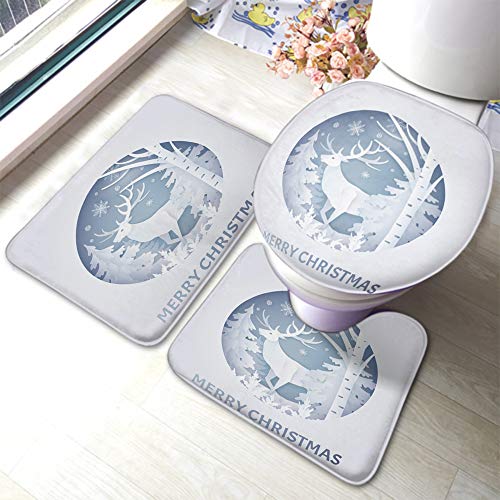 Set 3 Teilig Badvorleger Hirsche Und Weihnachtsbäume Mit Schneeflocken Im Runden Tannenbaum Der Frohen Weihnachten Bad Duschmatten Anti-Rutsch Weiche Wc-Deckelbezug, Für Wc-Sitz Bezug von bozhoushizhenweibaihuoyouxiangongsi