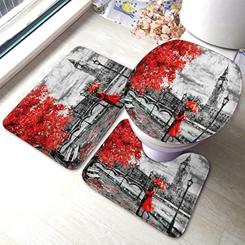 Set 3 Teilig Badvorleger London Big Ben Stadtlandschaft Europäische Straße Rot Schwarz Romantisches Ahornblatt Badematte 3-TLG Langlebige Teppich, Für Wc-Sitz Bezug, Dusche von bozhoushizhenweibaihuoyouxiangongsi