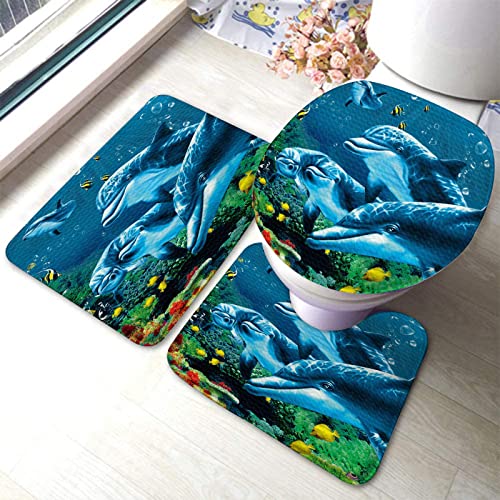 Set 3 Teilig Badvorleger Niedlicher Delfin Tiefsee Tierdruck Fußmatte Langlebige Badezimmer Teppiche Set 3 Stück, Für Dusche, Badewanne von bozhoushizhenweibaihuoyouxiangongsi