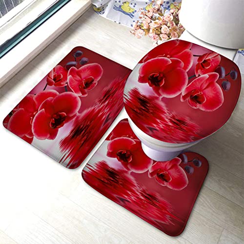 Set 3 Teilig Badvorleger Rote Phalaenopsis Orchideen Blütenknospen Blütenblätter, Die Den Fluss Kräuseln, Modernes Romantisches Spa U-Förmigen Contour Matte Anti-Rutsch 3-Teiliges Badteppich-Set von bozhoushizhenweibaihuoyouxiangongsi