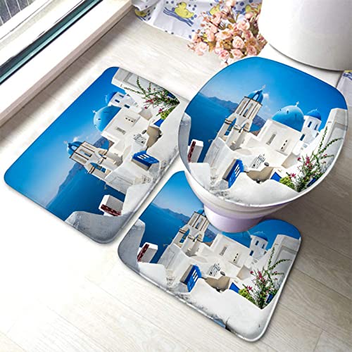 Set 3 Teilig Badvorleger Sonnenuntergang, Blau, Griechenland, Malerische Aussicht, Weiße Häuser Der Kykladen, Santorini Parks, Oia, Griechisches Mittelmeer Fußmatte Waschbar Konturmatte von bozhoushizhenweibaihuoyouxiangongsi