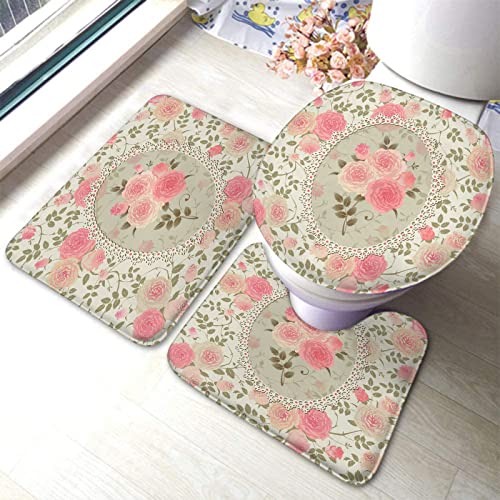 Set 3 Teilig Badvorleger Vintage Blumen Shabby Chic Rosen Spitzenrahmen, Rosa Blumensträuße Mit Grünen Blättern Badematte 3-TLG Langlebige 3-Teiliges Badteppich-Set, Für Wc-Sitz Bezug von bozhoushizhenweibaihuoyouxiangongsi