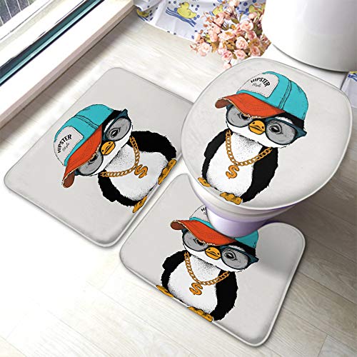 rutschfeste 3 Badteppich Set Pinguin Hip Hop Hut Cartoon Niedlicher Dollar Hipster Gläser Wild Lustig Teppiche Und Toilettendeckel Wasserabsorbierend Konturmatte, Für Wohnzimmer, Wc-Sitz Bezug von bozhoushizhenweibaihuoyouxiangongsi