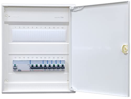 Hager Aufputzverteiler 2-reihig VA24CN ANSCHLUSSFERTIG verdrahtet mit Klemmblock. Bestückung 1x FI 4-pol. + 1x 3pol + 5x 1pol LS B16A von brandelektra