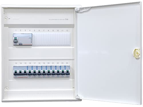 Hager Aufputzverteiler 2-reihig VA24CN ANSCHLUSSFERTIG verdrahtet mit Klemmblock. Bestückung 1x FI 4-pol. + 1x 3pol + 9x 1pol LS B16A von brandelektra