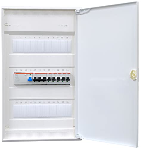 Hager Aufputzverteiler 3-reihig VA36CN ANSCHLUSSFERTIG verdrahtet mit Klemmblock. Bestückung ABB 1x FI 4-pol. + 1x 3pol + 5x 1pol LS B16A von brandelektra