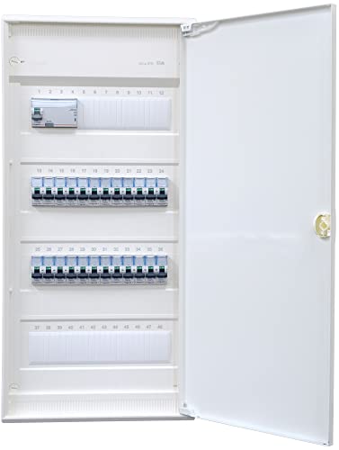 Hager Aufputzverteiler 4-reihig VA48CN ANSCHLUSSFERTIG verdrahtet mit Klemmblock. Bestückung Legrand 1x FI 4-polig + 24x LS B16A von brandelektra