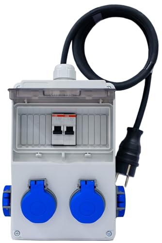 brandelektra Wandverteiler mit ABB Leistungsschalter, Steckdose 4x230V, 2m Kabel mit schuko stecker, für ständigen Einsatz im Außenbereich IP44 von brandelektra