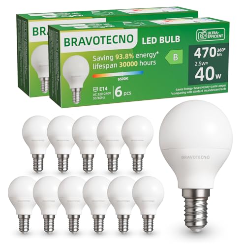 bravotecno E14 LED Glühbirne, Energieklasse B E14 LED Kaltweiss, 6500K 2.5W 470LM G45/P45 Kaltweiß Leuchtmittel Entspricht 40W, 360° Abstrahlwinkel, Nicht Dimmbar, Wärmearm & Langlebig, 12 Stück von bravotecno