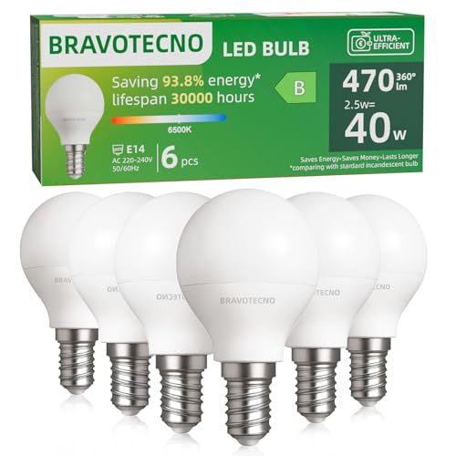 bravotecno E14 LED Glühbirne, Energieklasse B E14 LED Kaltweiss, 6500K 2.5W 470LM G45/P45 Kaltweiß Leuchtmittel Entspricht 40W, 360° Abstrahlwinkel, Nicht Dimmbar, Wärmearm & Langlebig, 6 Stück von bravotecno