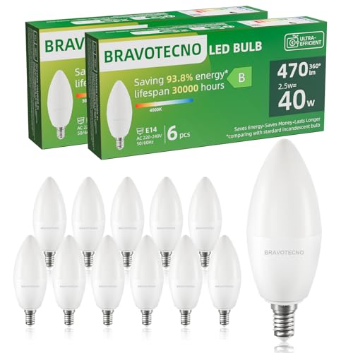 bravotecno E14 LED Glühbirne, Energieklasse B E14 LED Neutralweiss, 4000K 2.5W 470LM C37 Neutralweiß Leuchtmittel Entspricht 40W, 360° Abstrahlwinkel, Nicht Dimmbar, Wärmearm & Langlebig, 12 Stück von bravotecno