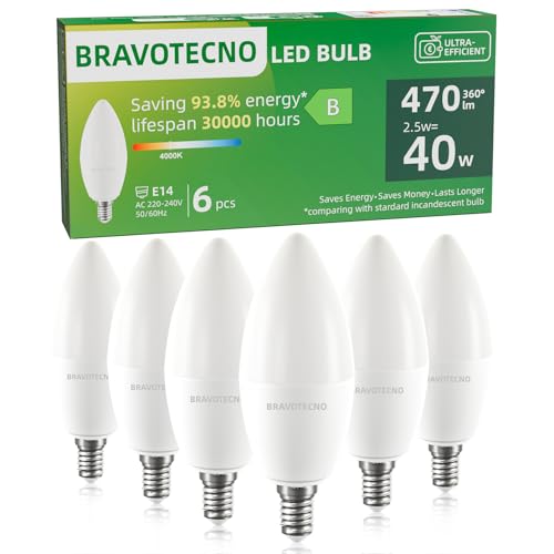 bravotecno E14 LED Glühbirne, Energieklasse B E14 LED Neutralweiss, 4000K 2.5W 470LM C37 Neutralweiß Leuchtmittel Entspricht 40W, 360° Abstrahlwinkel, Nicht Dimmbar, Wärmearm & Langlebig, 6 Stück bravotecno E14 LED Glühbirne, Energieklasse B E14 LED Neutralweiss, 4000K 2.5W 470LM C37 Neutralweiß Leuchtmittel Entspricht 40W, 360° Abstrahlwinkel, Nicht Dimmbar, Wärmearm & Langlebig, 6 Stück von bravotecno
