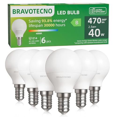 bravotecno E14 LED Glühbirne, Energieklasse B E14 LED Neutralweiss, 4000K 2.5W 470LM G45/P45 Neutralweiß Leuchtmittel Entspricht 40W, 360° Abstrahlwinkel, Nicht Dimmbar, Wärmearm & Langlebig, 6 Stück von bravotecno