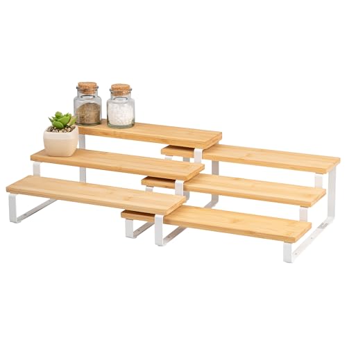 bremermann 3-stufige Gewürzregale 2er-Set, ausziehbare Küchenregale mit Bambusablageböden und Schutzpads am Boden, vielseitig einsetzbar - Moderne Materialkombination von Bambus (2er Set Weiß) von bremermann
