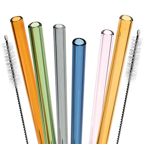 bremermann 6er Set Glas-Trinkhalme, Cocktail-Set, Verschiedene Längen, wiederverwendbar, transparent oder bunt, inklusive 2 Reinigungsbürsten (bunt, 25 cm) von bremermann