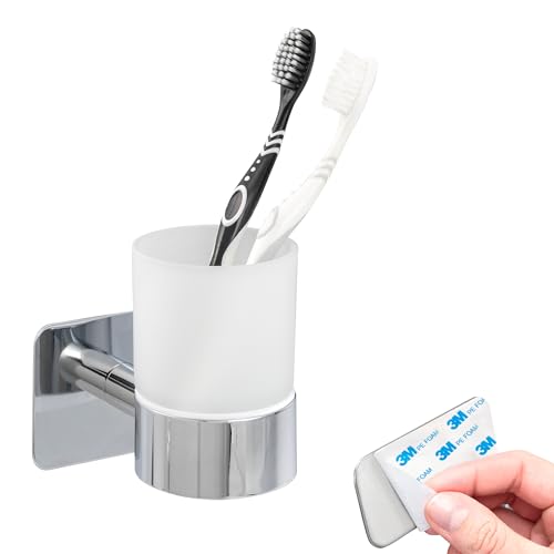 bremermann Bad-Serie Lucente Tape - Becherhalter, Zahnputzbecher selbstklebend Glas & Edelstahl, verchromt - kein Bohren 3M Klebebefestigung von bremermann