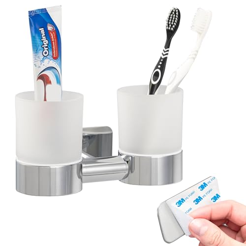 bremermann Bad-Serie Lucente Tape - Doppel-Glasbecherhalter selbstklebend Glas & Edelstahl, hochglänzend - kein Bohren 3M Klebebefestigung Zahnputzbecher von bremermann