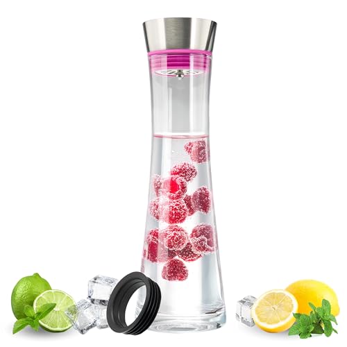 bremermann Glaskaraffe Svea 1,2 Liter mit praktischem Edelstahlausgießer, matt, Silikonringfarbe (Magenta) von bremermann