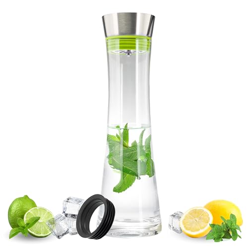 bremermann Glaskaraffe Svea 1,2 Liter mit praktischem Edelstahlausgießer, matt, Silikonringfarbe (grün) von bremermann