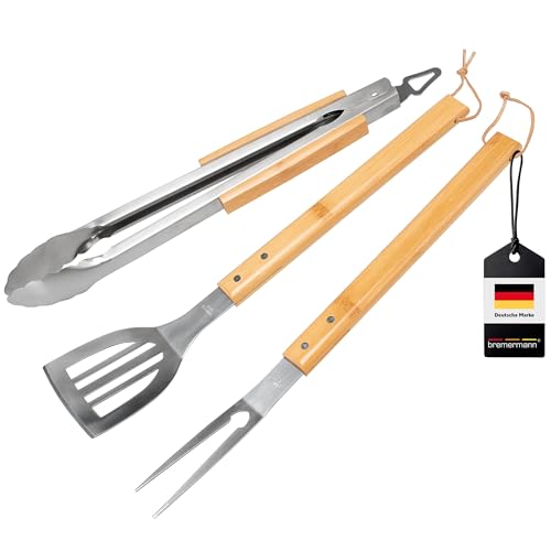 bremermann Grillbesteck 3er Set // Edelstahl mit Bambusgriffen // Zange Wender Fleischgabel // Grillzubehör Grillset bremermann Grillbesteck 3er Set // Edelstahl mit Bambusgriffen // Zange Wender Fleischgabel // Grillzubehör Grillset von bremermann