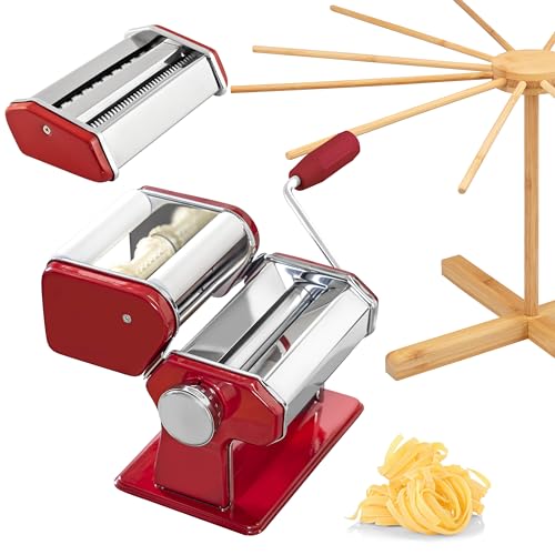 bremermann Nudelmaschine für Spaghetti, Pasta, Ravioli und Lasagne inkl. Nudeltrocker aus Bambus als Set, rot von bremermann