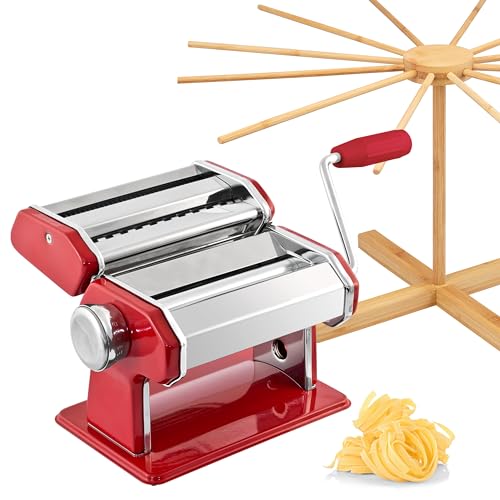 bremermann Nudelmaschine für Spaghetti, Pasta und Lasagne inkl. Nudeltrocker aus Bambus als Set (Rot) von bremermann