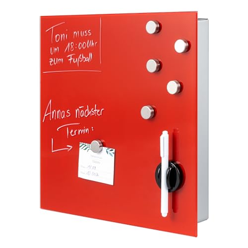 bremermann Schlüsselkasten XL mit Glasfront, beschreibbar, 13 Haken, 6 Magnete, 1 Marker, 1 Marker-Halter, Korpus aus Metall grau pulverbeschichtet (Rot) von bremermann