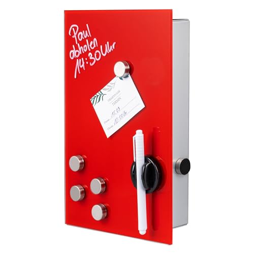 bremermann Schlüsselkasten mit Glasfront, beschreibbar, 8 Haken, 6 Magnete, 1 Marker,1 Marker-Halter, Korpus aus Metall grau pulverbeschichtet (Rot) von bremermann