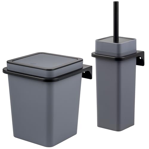 bremermann eckiges 2tlg. Bad-Set Savona mit gummierter Softtouch-Oberfläche inkl. Wandhalterung zum Kleben oder Bohren, moderner Kosmetikeimer 5,5 Liter und WC-Garnitur aus Kunststoff (Grau) von bremermann