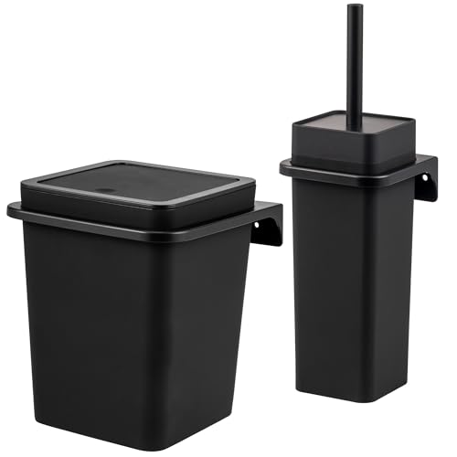 bremermann eckiges 2tlg. Bad-Set Savona mit gummierter Softtouch-Oberfläche inkl. Wandhalterung zum Kleben oder Bohren, moderner Kosmetikeimer 5,5 Liter und WC-Garnitur aus Kunststoff (Schwarz) von bremermann