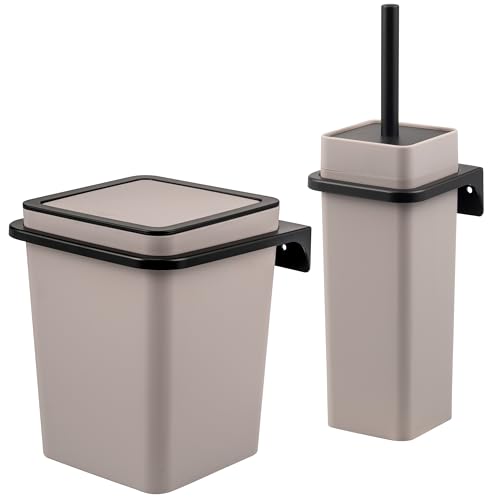 bremermann eckiges 2tlg. Bad-Set Savona mit gummierter Softtouch-Oberfläche inkl. Wandhalterung zum Kleben oder Bohren, moderner Kosmetikeimer 5,5 Liter und WC-Garnitur aus Kunststoff (Taupe) von bremermann