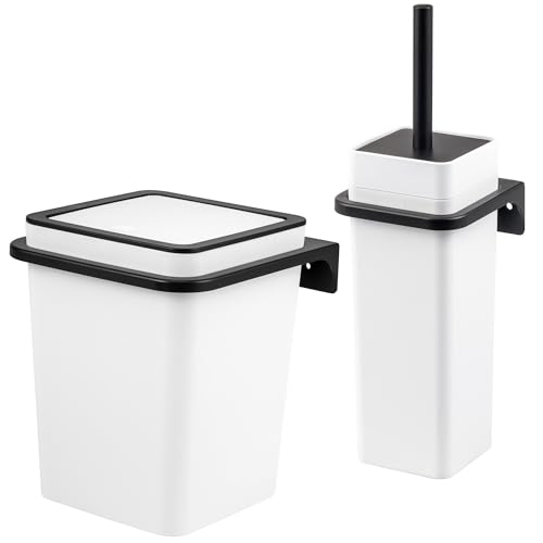 bremermann eckiges 2tlg. Bad-Set Savona mit gummierter Softtouch-Oberfläche inkl. Wandhalterung zum Kleben oder Bohren, moderner Kosmetikeimer 5,5 Liter und WC-Garnitur aus Kunststoff (Weiß) von bremermann