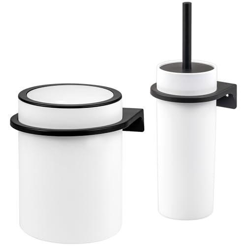 bremermann rundes 2tlg. Bad-Set Savona mit gummierter Softtouch-Oberfläche inkl. Wandhalterung zum Kleben oder Bohren, moderner Kosmetikeimer 5,5 Liter und WC-Garnitur aus Kunststoff (Weiß) von bremermann