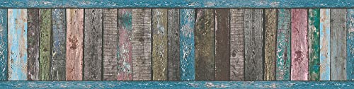 Holz Bordüre im Vintage Stil | Tapeten Bordüre in Holzoptik für Küche und Wohnzimmer | Shabby Chic Papierbordüre in Braun und Blau von BRICOFLOR