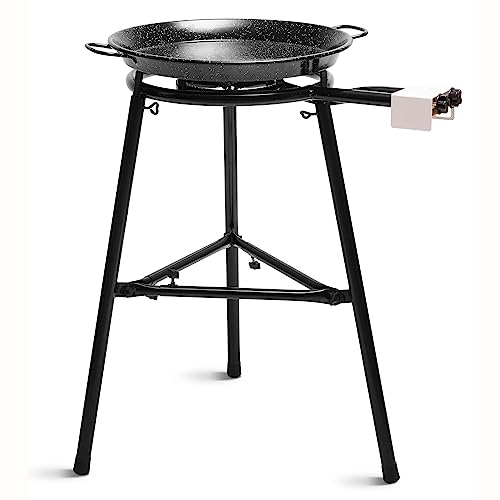 briebe Paella Set Gasbrenner 2 Flammig 40 – 20 cm + Paella-Pfanne Emailliert Stahl 46 cm, 12 Portionen + Ständer mit 3 Beinen, Robustes Stativ, hält bis zu 200kg von briebe