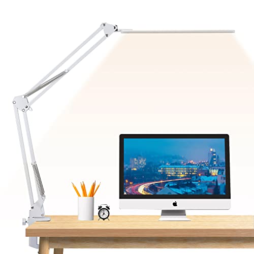 Schreibtischlampe LED, Dimmbar Klemmbar Architektenlampe mit Schwenkarm, Memory-Funktion&USB-Anschluss Büro Tischlampe,3 Farbtemperaturen und 10 Helligkeitsstufen für Lesen, Arbeiten, Lernen,12W Weiß von brightower
