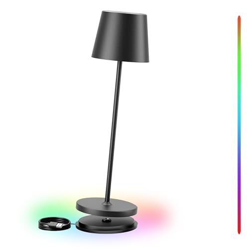 brightower LED Akku Tischlampe, Touch Dimmbar Tischleuchte Kabellos mit Ladestation, Warmweiß 8 Farben RGB Aluminium Outdoor Tischlampe wasserdicht für Lesen,Arbeit,Bars,Restaurants (Schwarz) von brightower