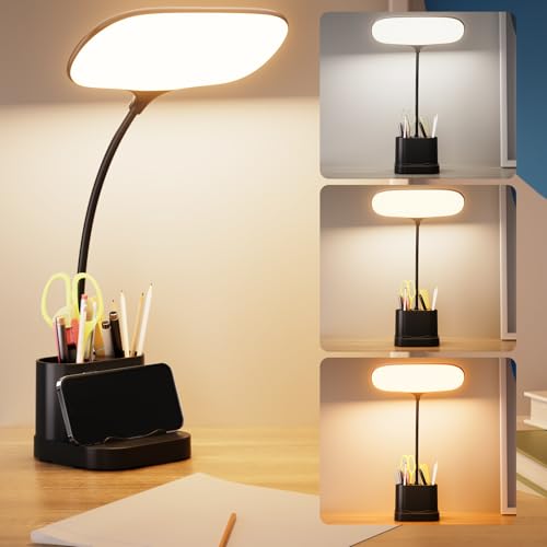 brightower Schreibtischlampe Kinder, Touch LED Schreibtischleuchte mit Stifthalter, 3 Farben&Stufenloses Dimmen,Schwanenhals Leselicht mit USB-Anschluss, für Büro, Schlafzimmer, Wohnzimmer (Schwarz) von brightower